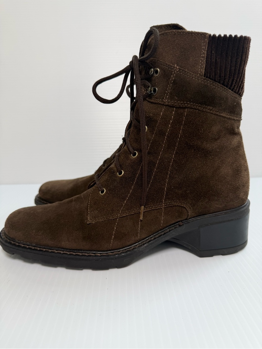 Aquatalia Brown Italian Weatherproof Suede & Corduroy Lace-Up Combat Boots Sz 8